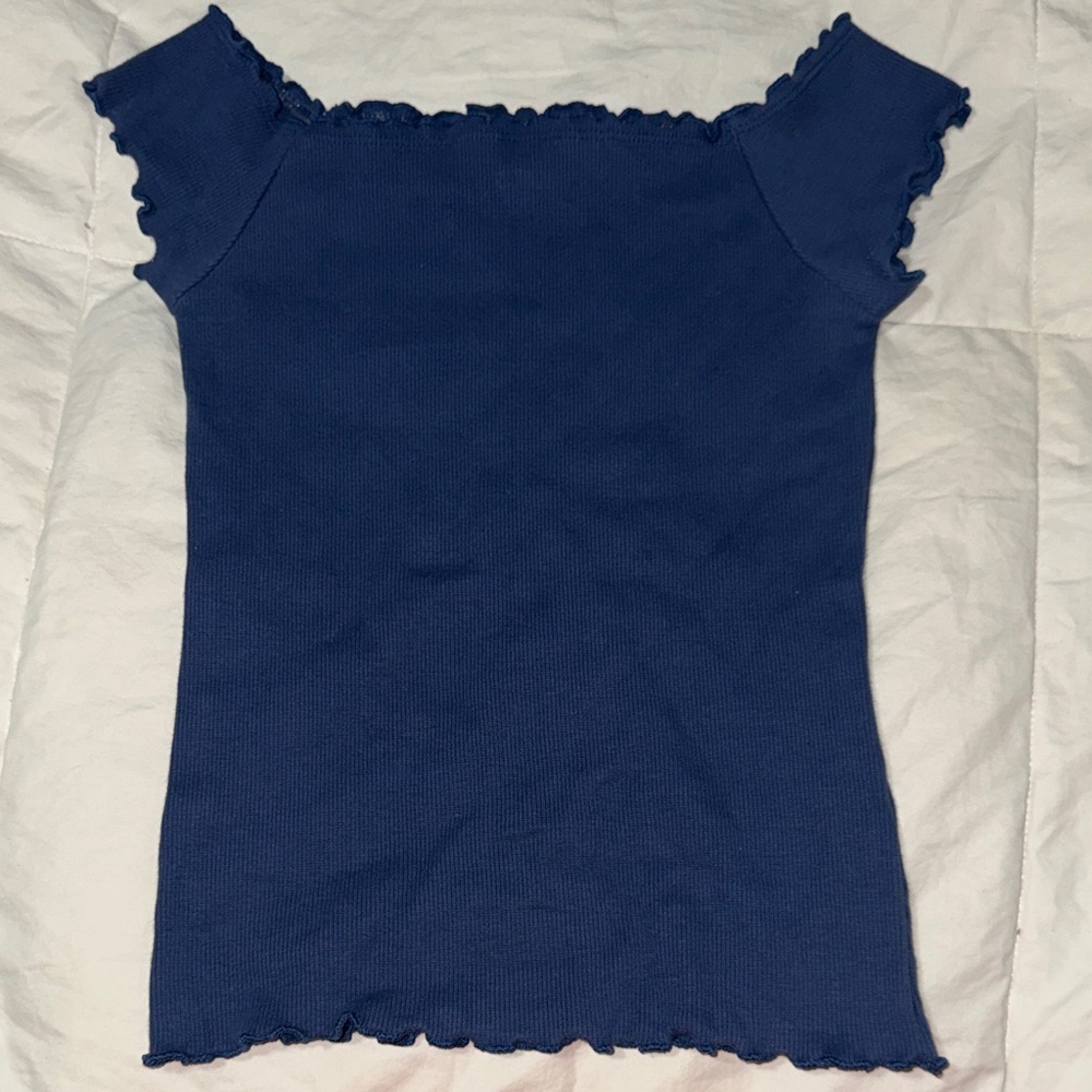 Aeropostale Navy Ribbed Off-Shoulder Lettuce-Edge Top